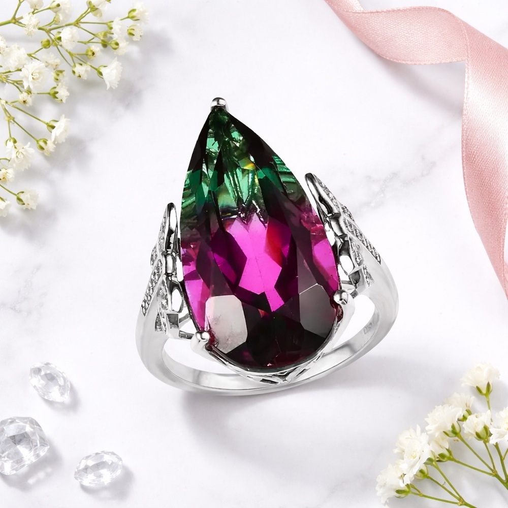 Watermelon Quartz Butterfly Ring White Zircon Platinum Over Sterling Silver